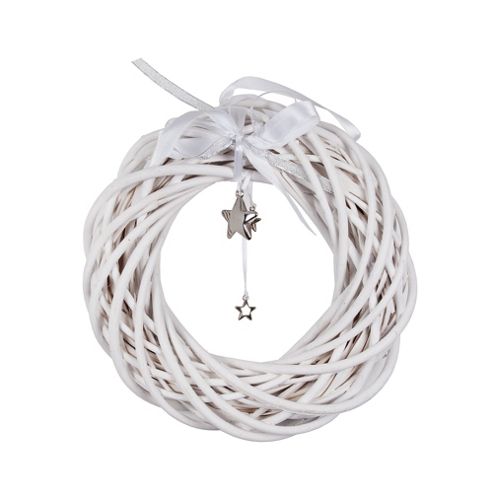 Image of White Wicker Wreath With Hanging Silver Star & Ribbon Detail