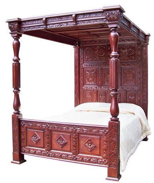 Image of Lock Stock And Barrel Mahogany Carved 4 Poster Bed Frame - Wax - King (5')