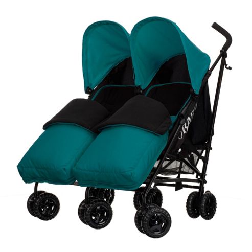 Image of Obaby Apollo Black & Grey Twin Stroller With 2 Turquoise Footmuffs - Turquoise