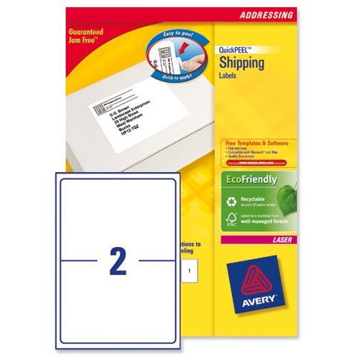Image of Avery Addressing Labels Laser Jam-free 2 Per Sheet 199.6x143.5mm White Ref L7168-100 [200 Labels]