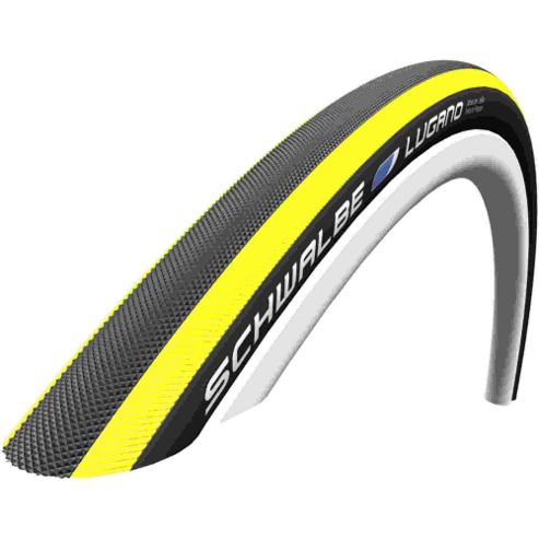 Image of Schwalbe Lugano Tyre: 700c X 23mm Yellow Stripes Wired. Hs 384, 23-622, Active Line, Kevlar Guard