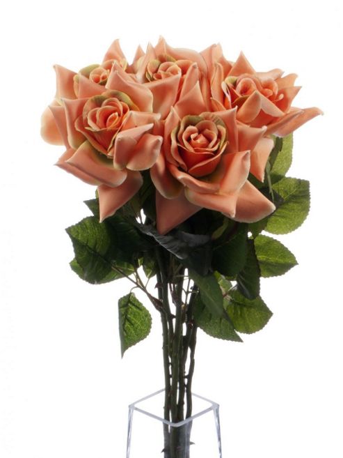 Image of Artificial 75cm Single Stem Fully Open Peach Roses X 6