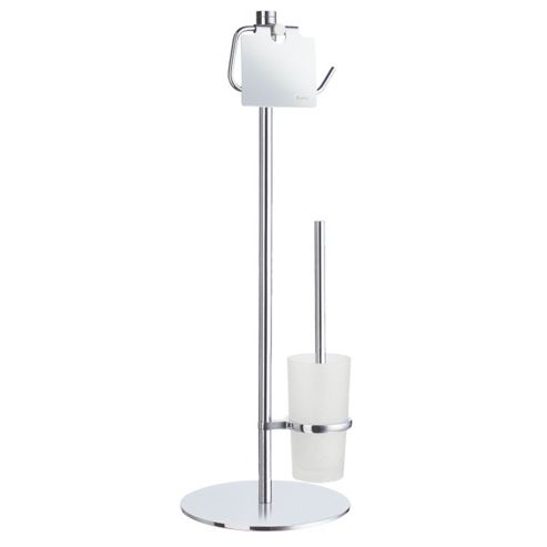 Image of Smedbo Outline Free Standing Lidded Toilet Paper Holder And Pole Mounted Toilet Brush In Polished Chrome