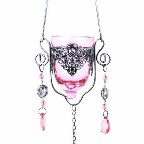 Image of Single Hanging Pink Glass Tealight Holder For Outside Or In