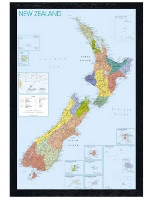 Image of Black Wooden Framed Map Of New Zealand Poster