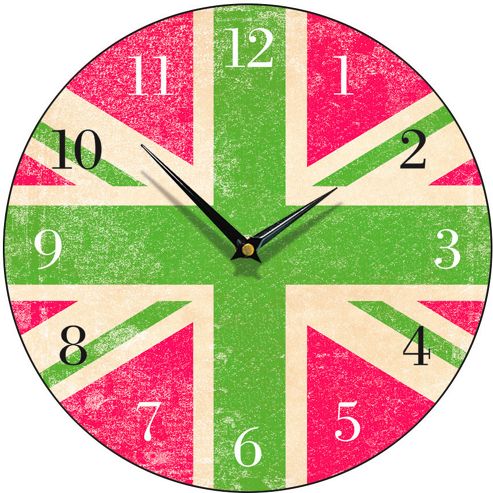 Image of Smith & Taylor Union Jack Round Wall Clock In Green And Pink