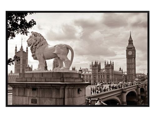 Image of Iconic London Sights Gloss Black Framed Lion By Big Ben Poster