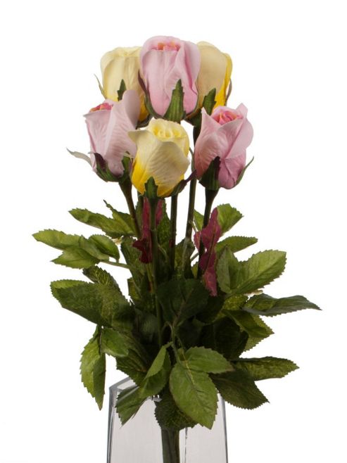 Image of Artificial 60cm Single Stem Closed Bud Roses X 6 (3 X Yellow And Cream And 3 X Pale Pink)