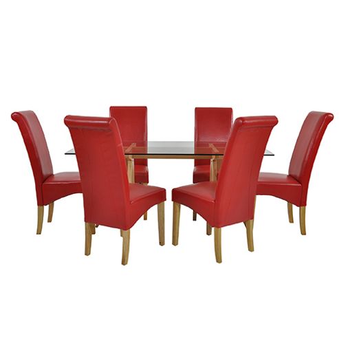 Image of Atlantico Long Glass Dining Table Set With 6 Red Chelsea Chairs
