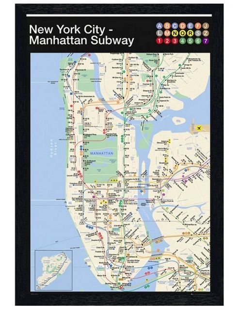 Image of New York Black Wooden Framed Manhattan Subway Map Poster