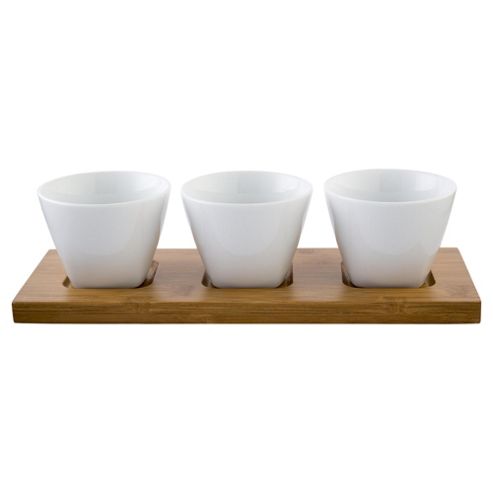Image of Super White Nibble Bowls, 3 Piece, Porcelain And Bamboo