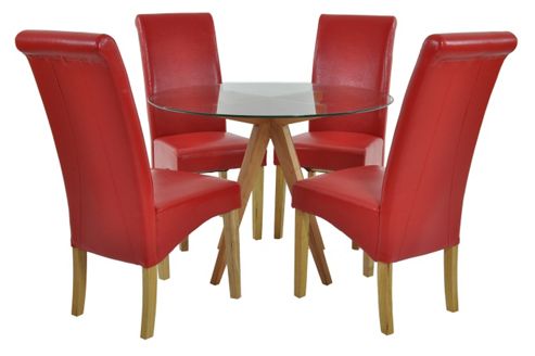 Image of Atlantico Circle Glass Dining Table Set With 4 Red Chelsea Chairs