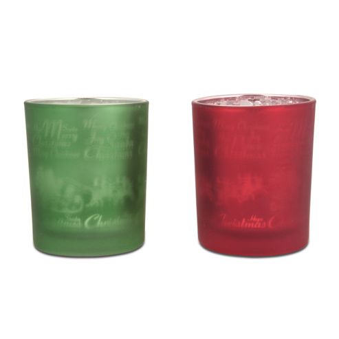Image of Pair Of Matte Finish Glass Tealight Holders With Christmas Silhouette Designs