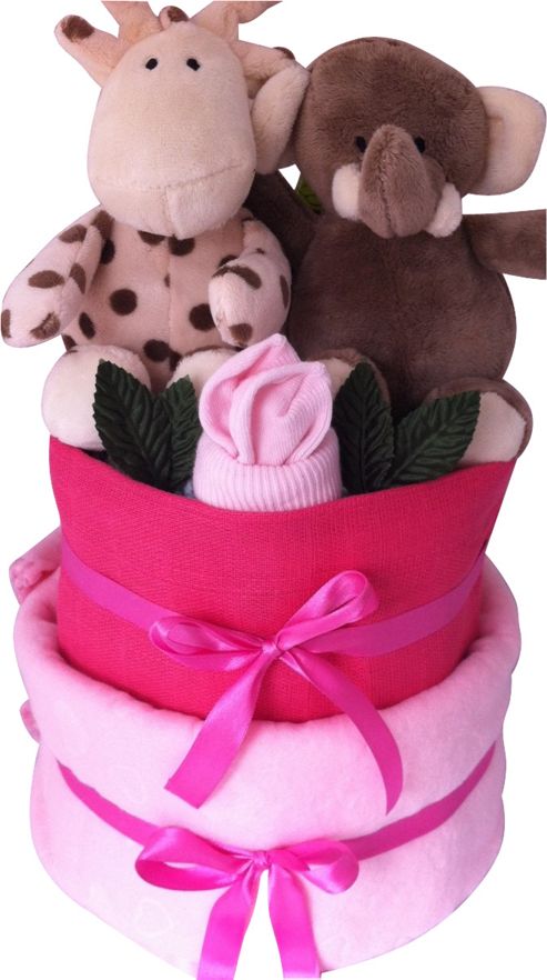 Image of 2 Tier Baby Girl Pink Safari Nappy Cake