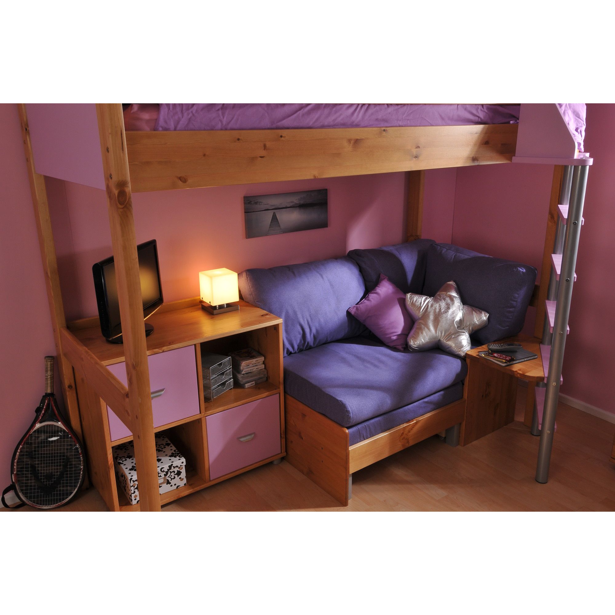 Stompa Casa High Sleeper Sofa Bed with 4 Cube Unit - Antique - Lilac - Blue Denim at Tesco Direct