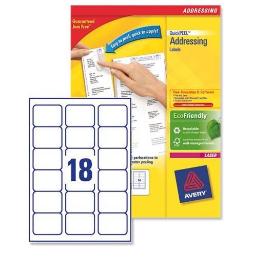 Image of Avery Addressing Labels Laser Jam-free 18 Per Sheet 63.5x46.6mm White Ref L7161-100 [1800 Labels]