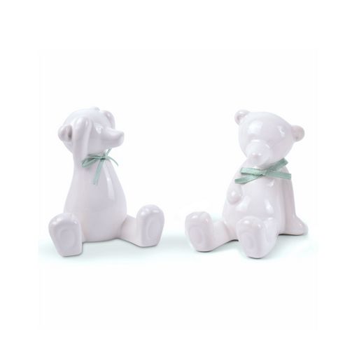Image of Set Of Two Sitting Ceramic Bear Christmas Ornaments With Ribbon Detail