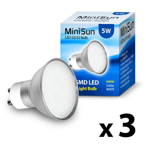Image of Pack Of Three Minisun 5w Smd Led Gu10 Light Bulbs Cool White