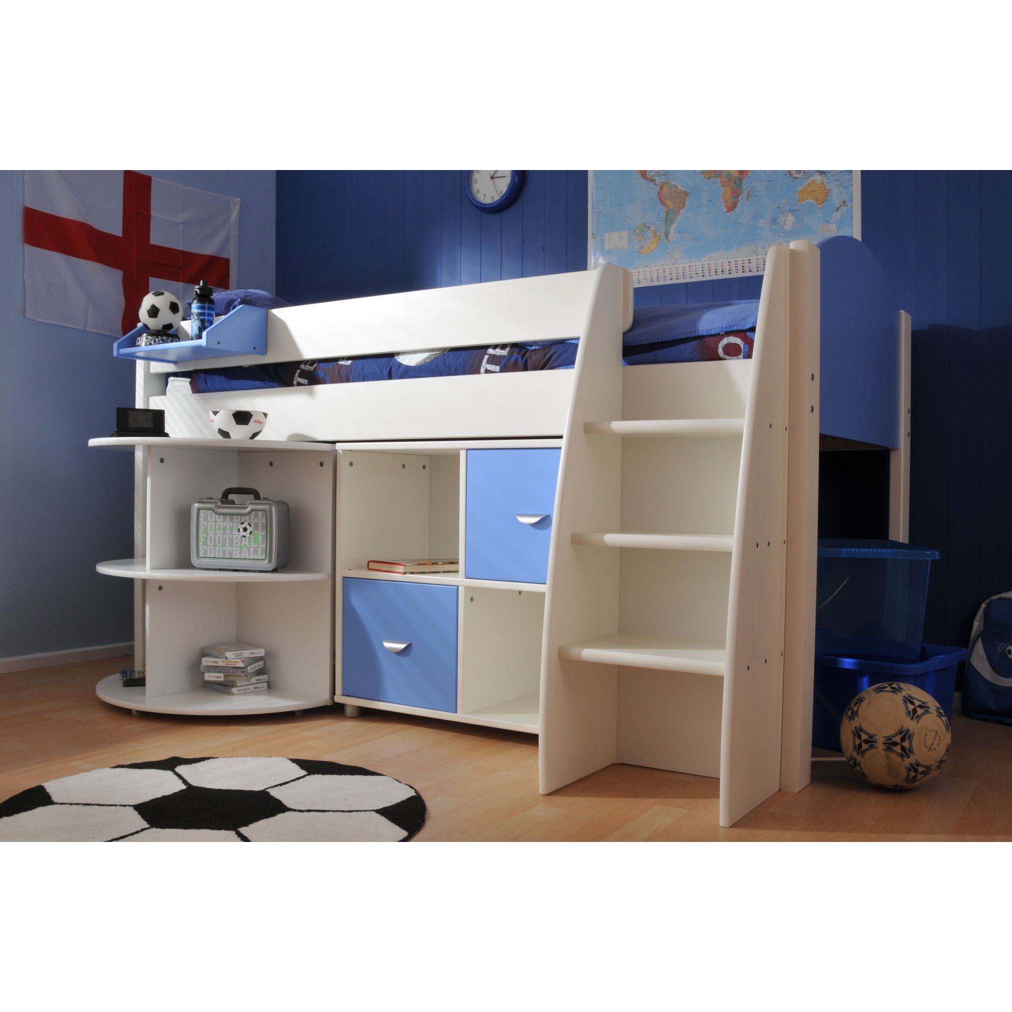 Stompa Rondo Mid Sleeper with Cube Unit and Extending Desk - Blue - White at Tesco Direct