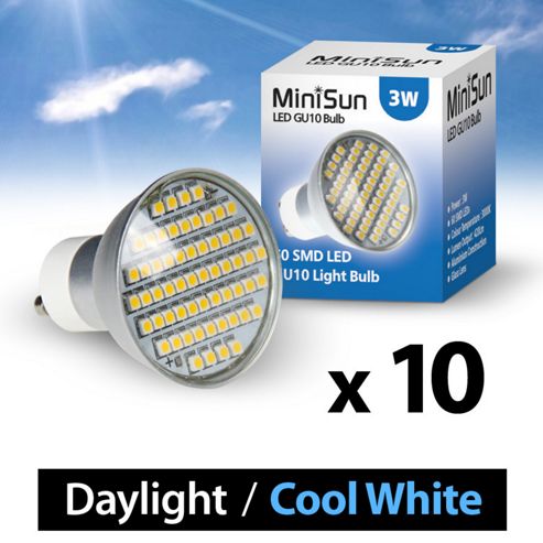Image of Pack Of Ten Minisun 3w 58 Smd Led Gu10 Light Bulbs Cool White