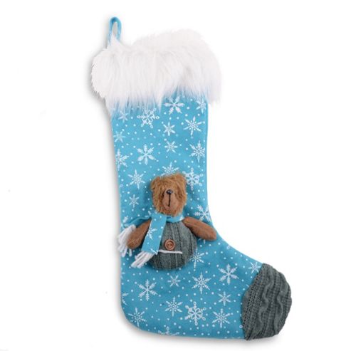 Image of Blue Snowflake Fabric Christmas Stocking With Bear