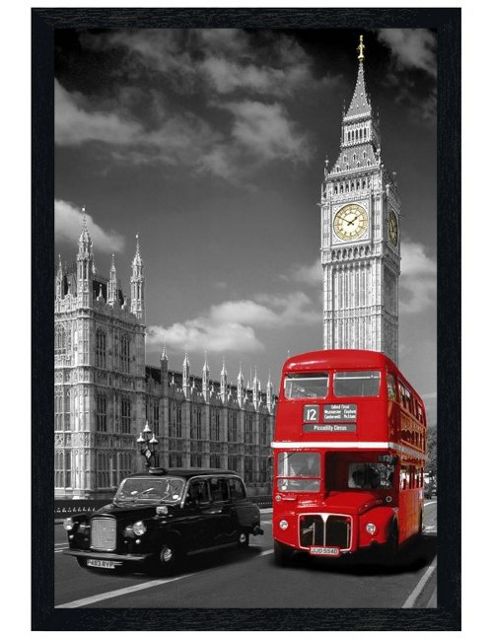 Image of Iconic London View Black Wooden Framed Piccadilly Bus And Black Cab Poster