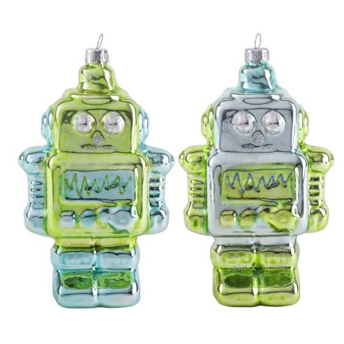 Image of Pair Of Metallic Green & Blue Glass Robot Novelty Christmas Decoration Baubles