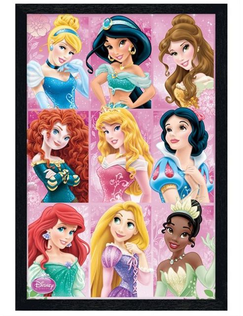 Image of Black Wooden Framed Disney Princess Nine Beautiful Princesses Poster