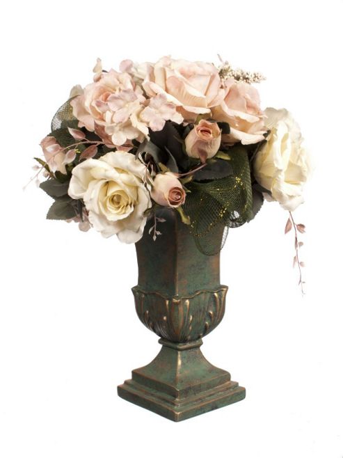 Image of Artificial 50cm Pale Pink Rose, White Rose And Mixed Foliage Display In A Teal And Gold Ceramic Vase