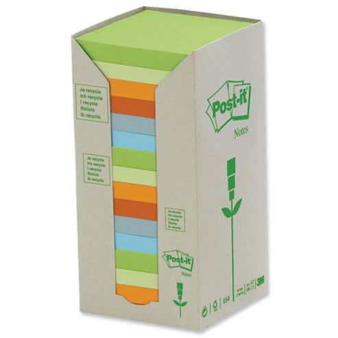 Image of Post-it Notes Pad Recycled Tower Pack 76x76mm Pastel Rainbow Ref 654-1rpt [pack 16]