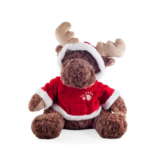 Image of Plush Sitting Moose Soft Toy In Red & White Hooded Jumper