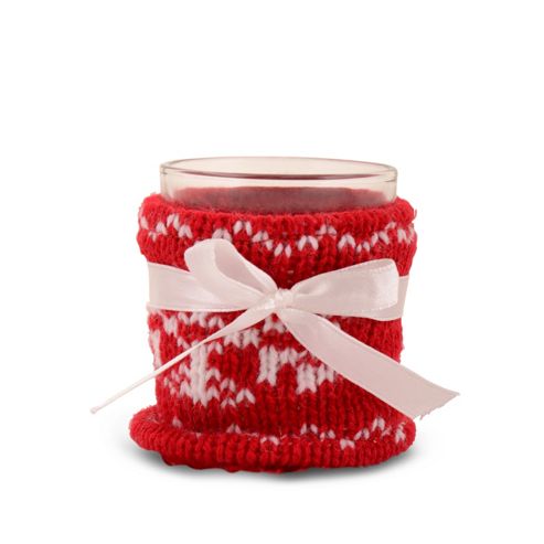 Image of Red Knitted Christmas Pattern Covered Glass Tealight Holder