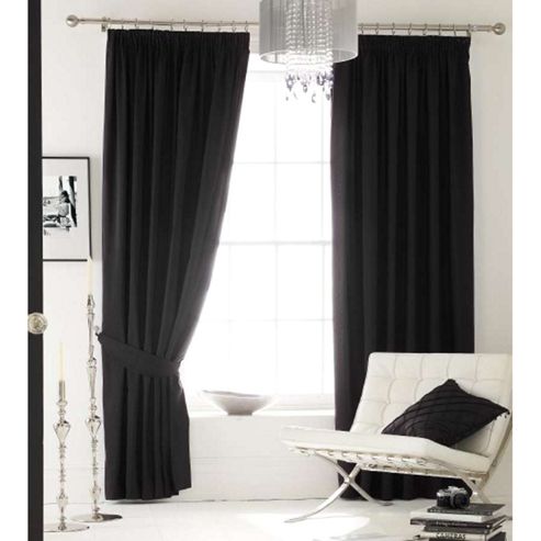 Image of Catherine Lansfield Home Plain Faux Silk Curtains 66x72 (168x183cm) - Ink - Tie Backs Included