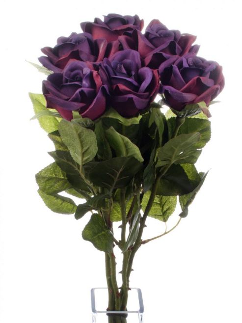 Image of Artificial 70cm Single Stem Half Open Purple Roses X 6