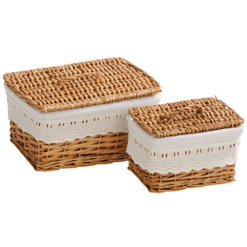 Image of Willow - Woven Lined Storage Baskets - Set Of Two - Brown / White