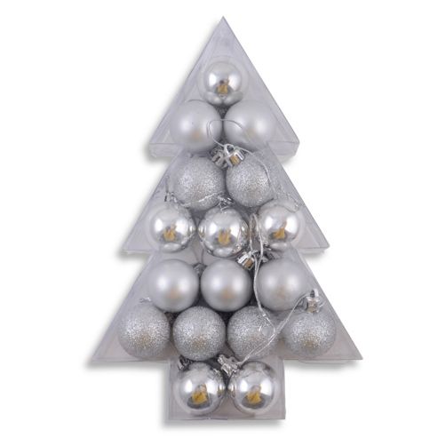 Image of Assortment Of 17 Mini Shatterproof Silver Festive Bauble Decorations In Christmas Tree Box