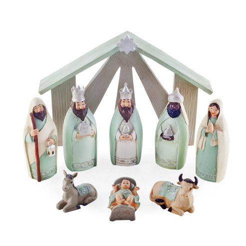 Image of Nine Piece Christmas Nativity Set In Green Coloured Finish