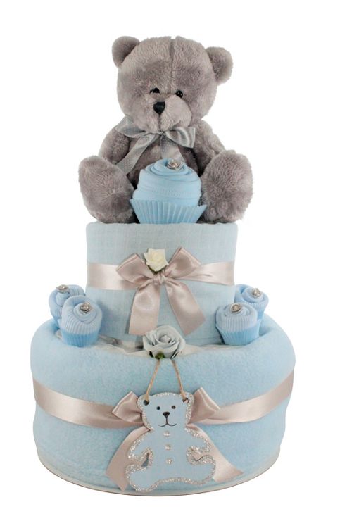 Image of Baby Boy Teddy Bear Nappy Cake Gift