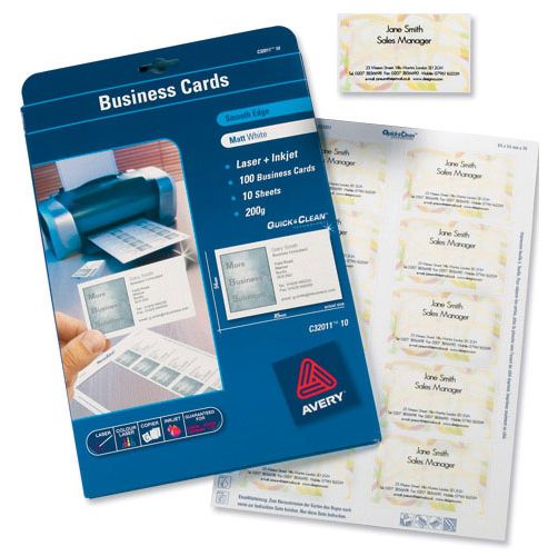 Image of Avery Quick And Clean Business Cards Laser 200gsm 10 Per Sheet White Ref C32011-25 [250 Cards]