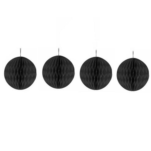 Image of Pack Of Four Black 10cm Honeycomb Retro Pom Pom Decorations