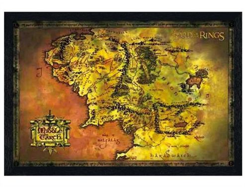 Image of Lord Of The Rings Black Wooden Framed Middle Earth Map Lotr Poster