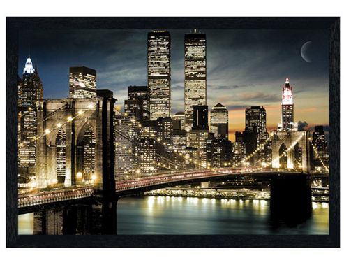 Image of Manhattan, New York City Black Wooden Framed Twinkling Lights Poster