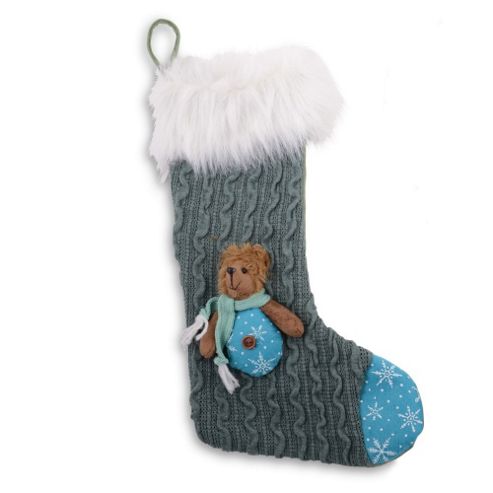 Image of Grey Knitted Fabric Finish Christmas Stocking With Bear