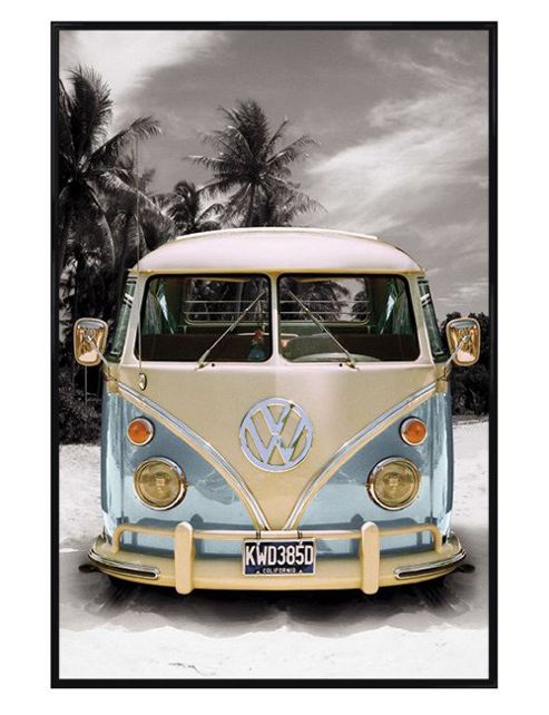 Image of Vw On The Beach Gloss Black Framed Californian Camper Van Poster
