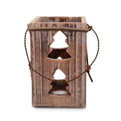 Image of Wooden Tealight Holder Lantern With Christmas Tree Cutout Design