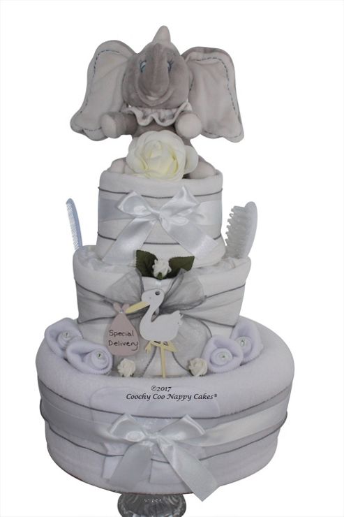 Image of Baby Gift Unisex Dumbo Elephant Nappy Cake (three Tier)