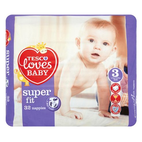 Image of Tesco Loves Baby Super-fit Nappies - Size 3 - Midi - Carry Pack - 32 Nappies