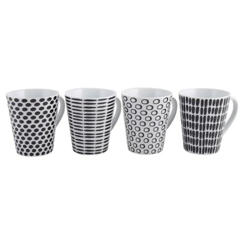 Image of Tesco Black And White Geo Print Tea and Coffee Mugs 4 Pack