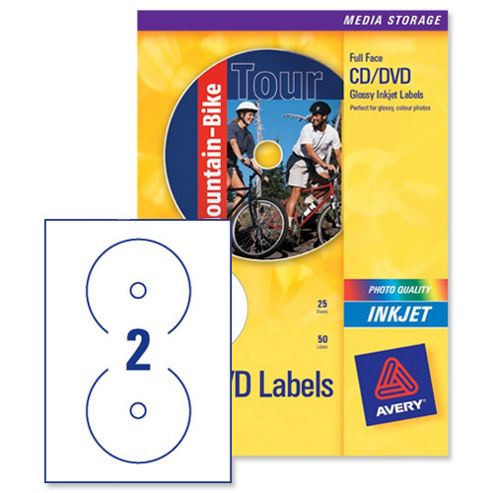 Image of Avery Cd/dvd Labels Inkjet 2 Per Sheet Dia.117mm Photo Quality Glossy Ref C9660-25 [50 Labels]