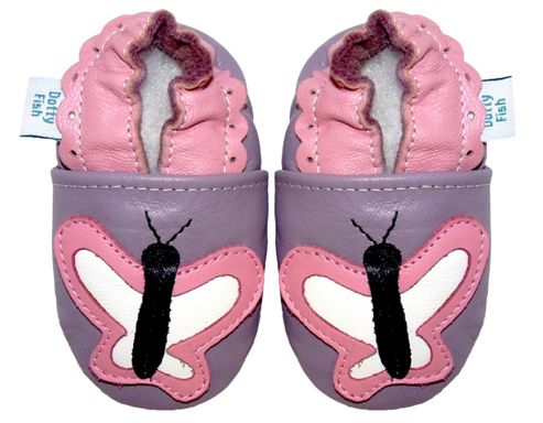 Image of Dotty Fish Soft Leather Baby Shoe - Lilac And Pink Butterfly - Purple